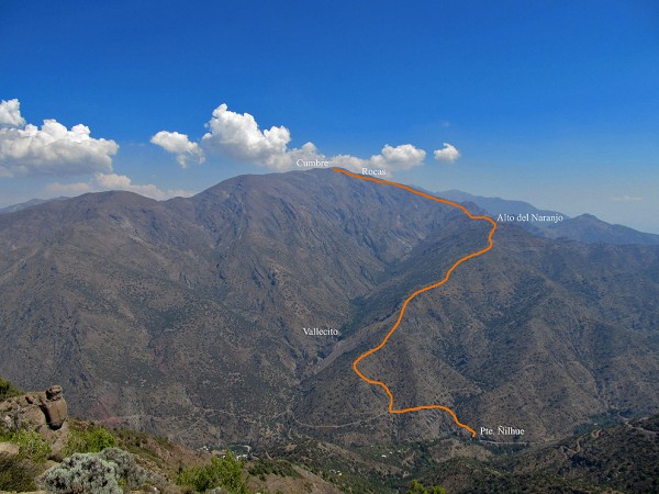Vista panorámica a ruta normal desde puente Ñilhue a cerro Provincia