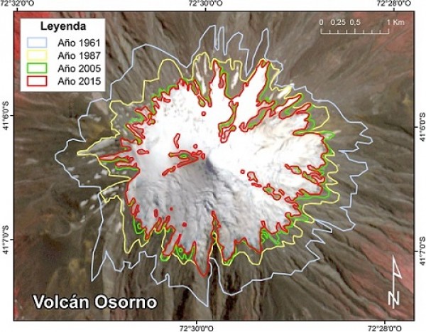 Retroceso glaciar volcán Osorno 1961 - 2015
